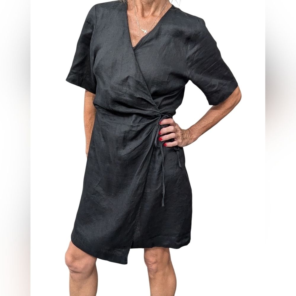& Other Stories Black Linen Wrap Mini Dress Size 6 Short Sleeve Tie Waist